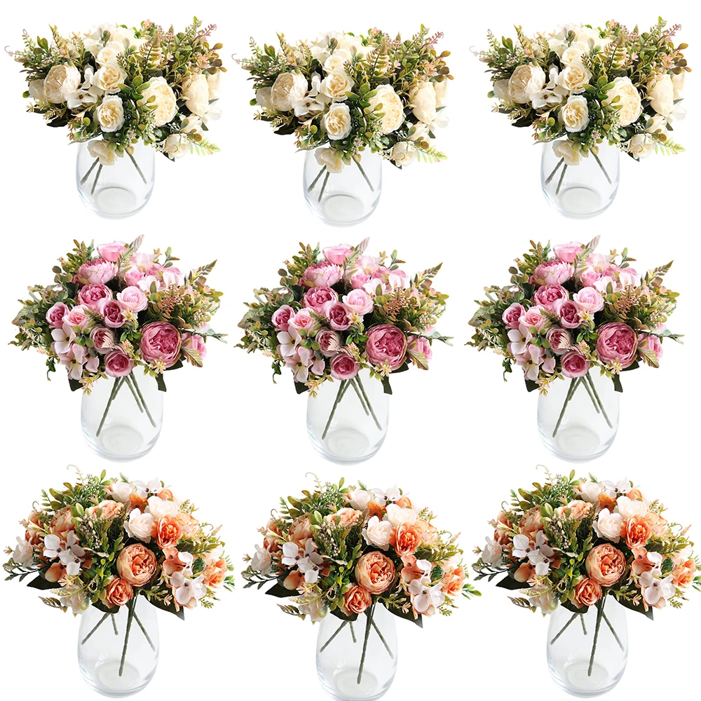 

Autumn Artificial Peony Flowers Bride Silk Rose Bouquet DIY Wedding Home Garden Decoration Accessories Fall Hydrangea Fake Plant