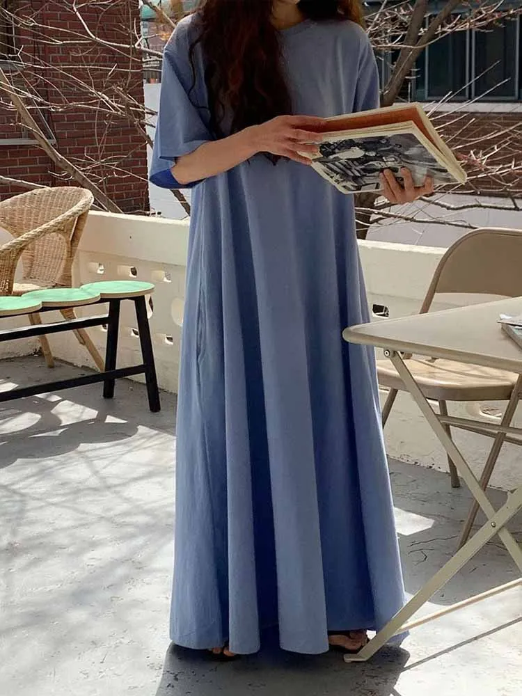 T-shirt bleu longueur au sol pour femmes, nouveau Design ample, jupe longue Dr Fre et Ele, pause thé, été 2024