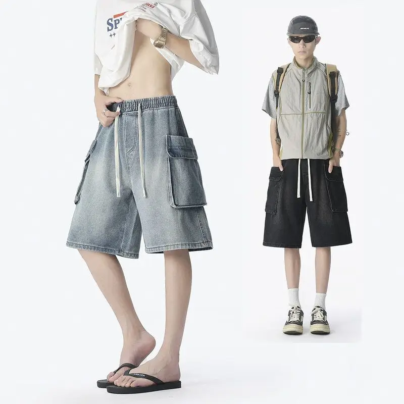 

Heavyweight Washed Denim Workwear Shorts Men Summer New Elastic Waist Loose Sports Street Trend Five-Quarter Pants Big Pocket