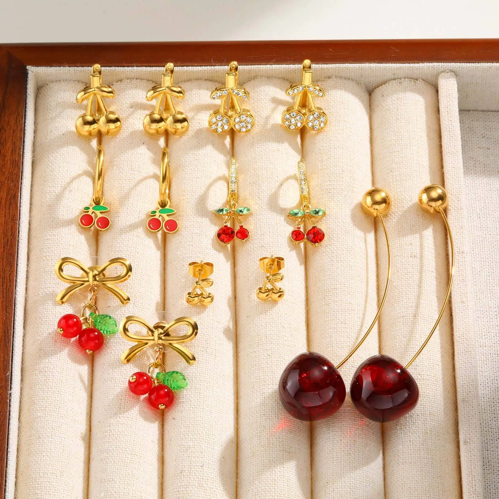 Red Cherry Earrings for Women, Fashion Delicate Fruit Hoops Dangle Earrings, 18K PVD Plated Wedding Party Ear Jewelry