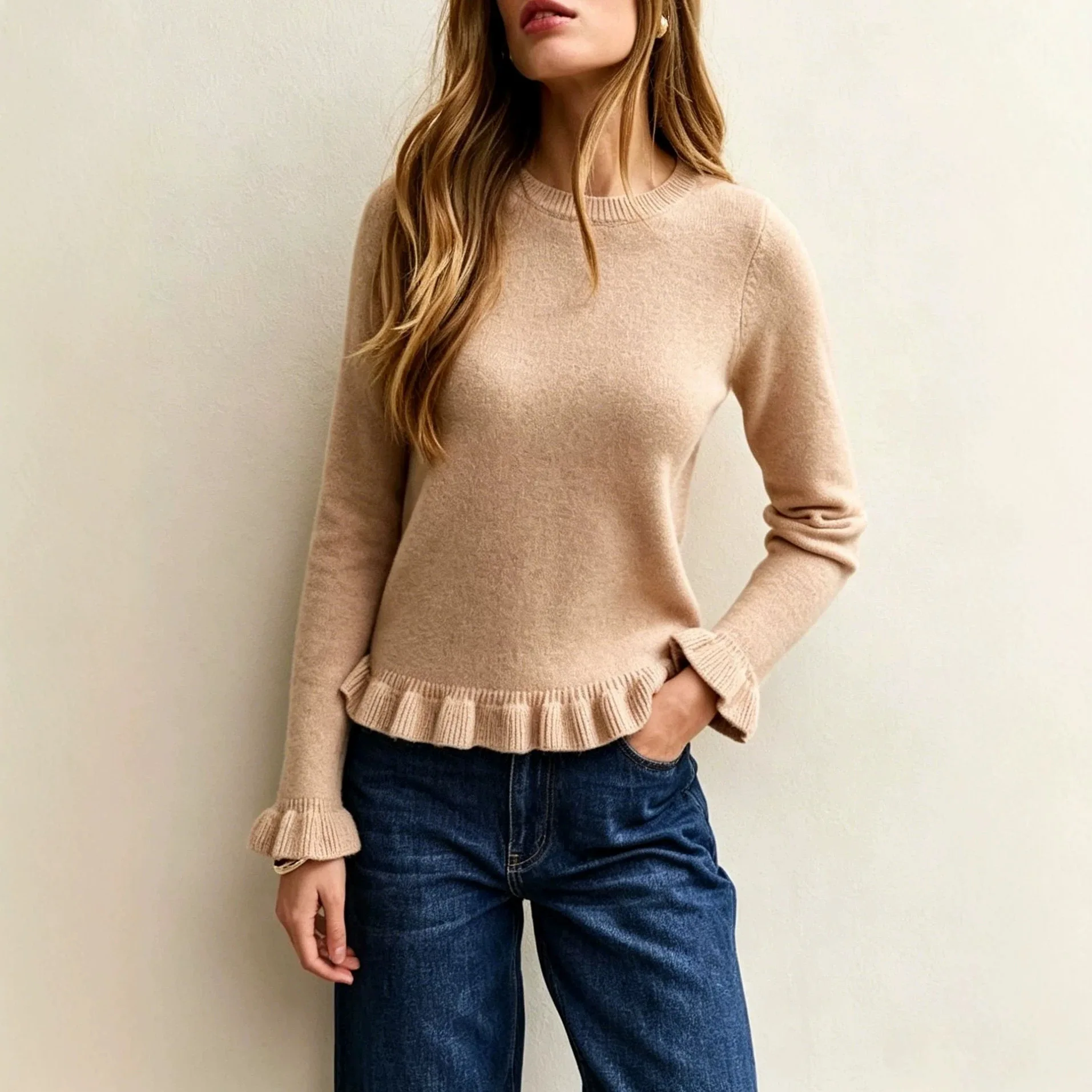 2026 Autumn New Women's Solid Color Knit Sweater Long Sleeve Crew Neck Ruffle Hem Casual Pullover Top