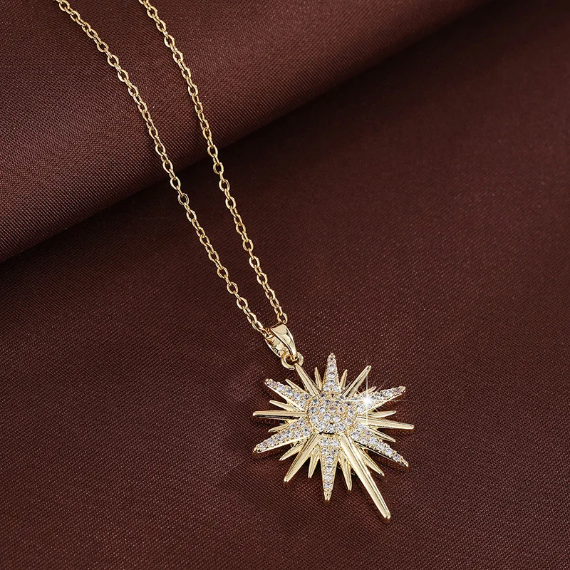 Chinese Style Lucky Eight Pointed Star Pendant Necklace Zircon Inlaid Clavicle Chain Good Fortune Blessing Minimalist Elegant