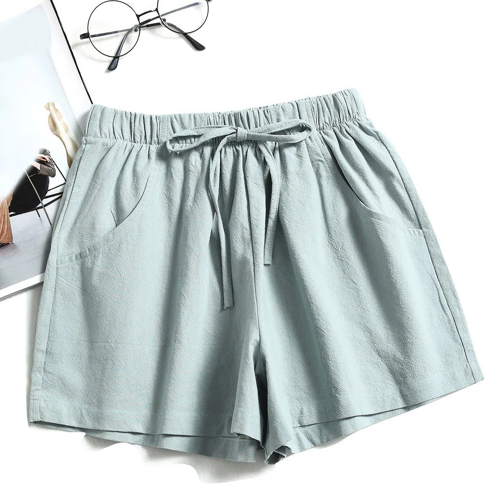 Women\'s Drawstring High Waist Solid Color Shorts Summer Loose Beach Elastic Waist Simplicity Daily Casual Shorts With Pocketed