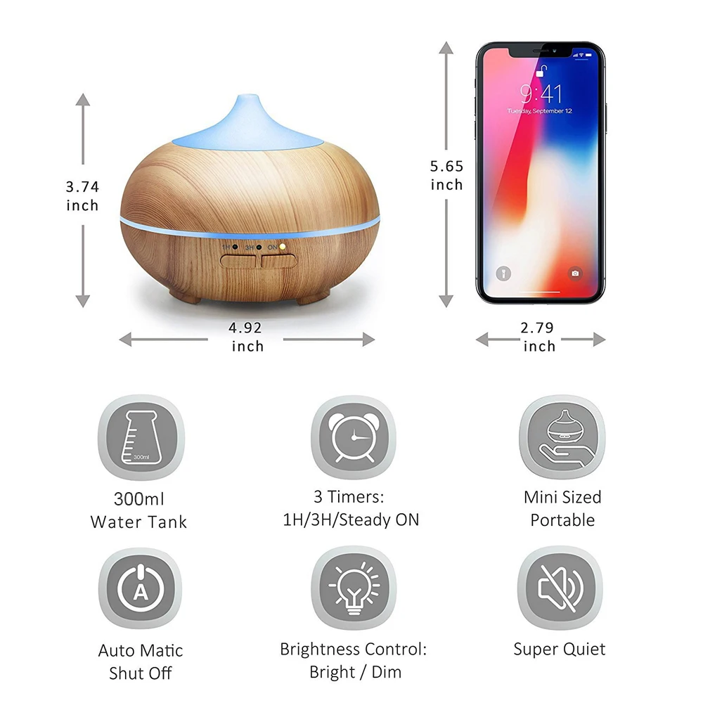 

Ультразвуковой диффузор и увлажнитель для ароматерапии, 7 цветов светодиодной подсветки, 3 настройки таймера, покрытие большой комнаты для офиса, спальни