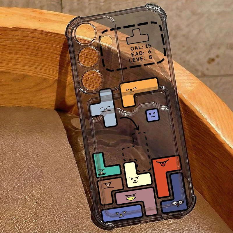 Card Slot Clear Phone Case For Samsung Galaxy S26 S25 S24 Ultra S23 S25 FE A57 A17 A56 A55 A37 A16 A36 A54 Tetris Pattern Cover