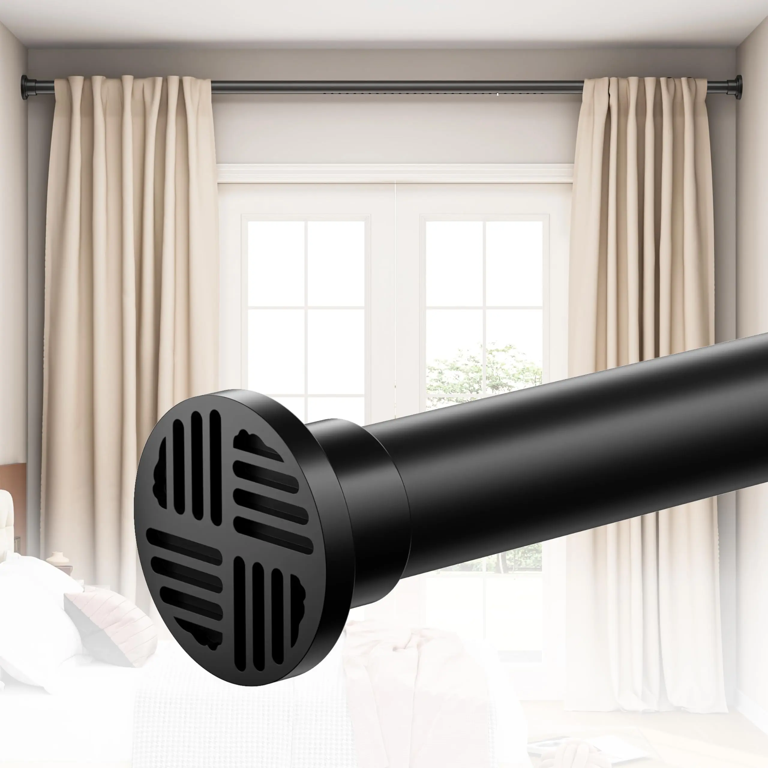 

Extra Long Tension Curtain Rod 82-123 Inch Heavy Duty Spring Loaded Non-Slip Black