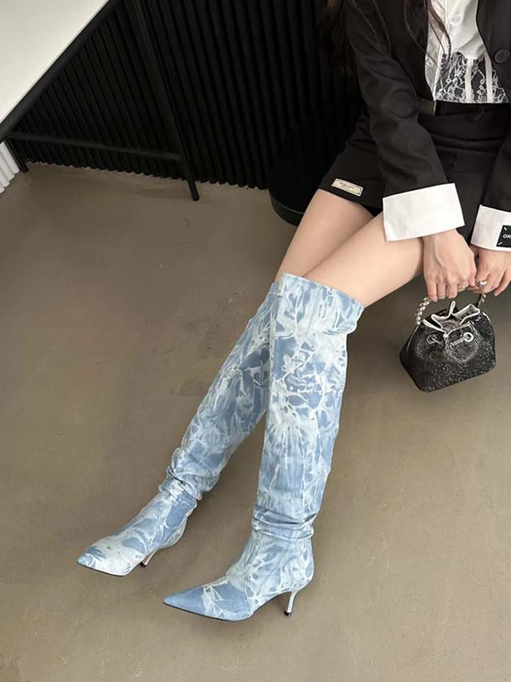 Sexy Women Over The Knee Boots Chelsea Booties Pointed Toe Blue Black White Denim Cloth Winter Dress Shoes Slip On Autumn Boots