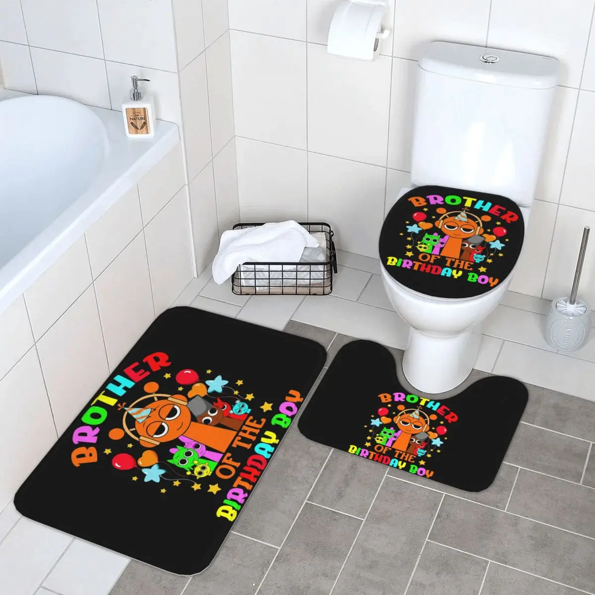 

Brother Of The Birthday Boy Sprunki Birthday 3 Piece Bath Mat Bathroom Set Toilet Lid Cover Home Decor Non-Slip Carpet Floor Rug