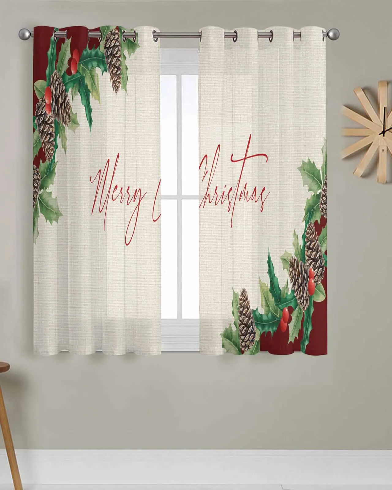 

Tulle Window Curtains Winter Christmas Pinecone Linen for Living Room Bedroom Transparent Chiffon Sheer Voile Window Curtain