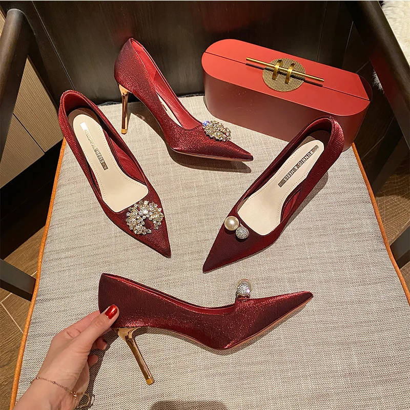 2024 New Red Rhinestone Pumps Wedding Shoes Bridal Shoes Pointed High Heels Female Stiletto