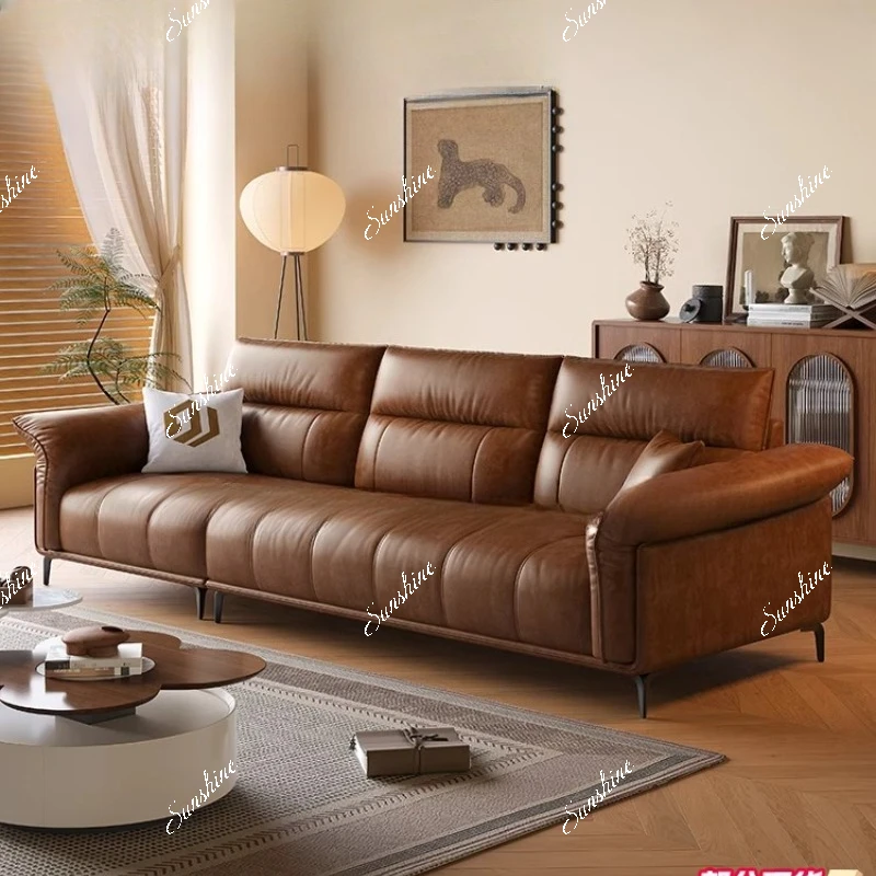 

Mid-century style oil wax leather sofa small apartment living room retro inline