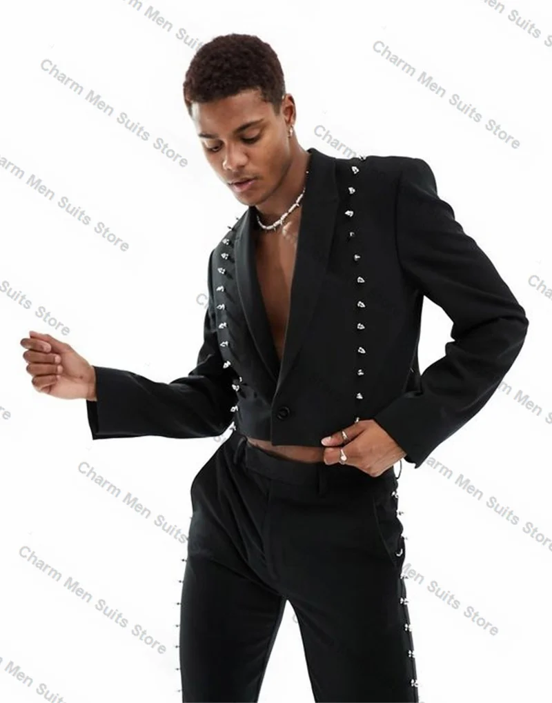 Black Men Suits Set 2 Piece Short Blazer+Pant Trousers Crystals Customized Groom Wedding Tuxedo Formal Office Prom Jacket