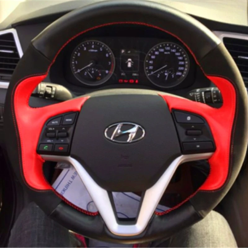 For Hyundai Tucson 2015 2016 hand-stitched black Green genuine Leather Car Steering Wheel Cover