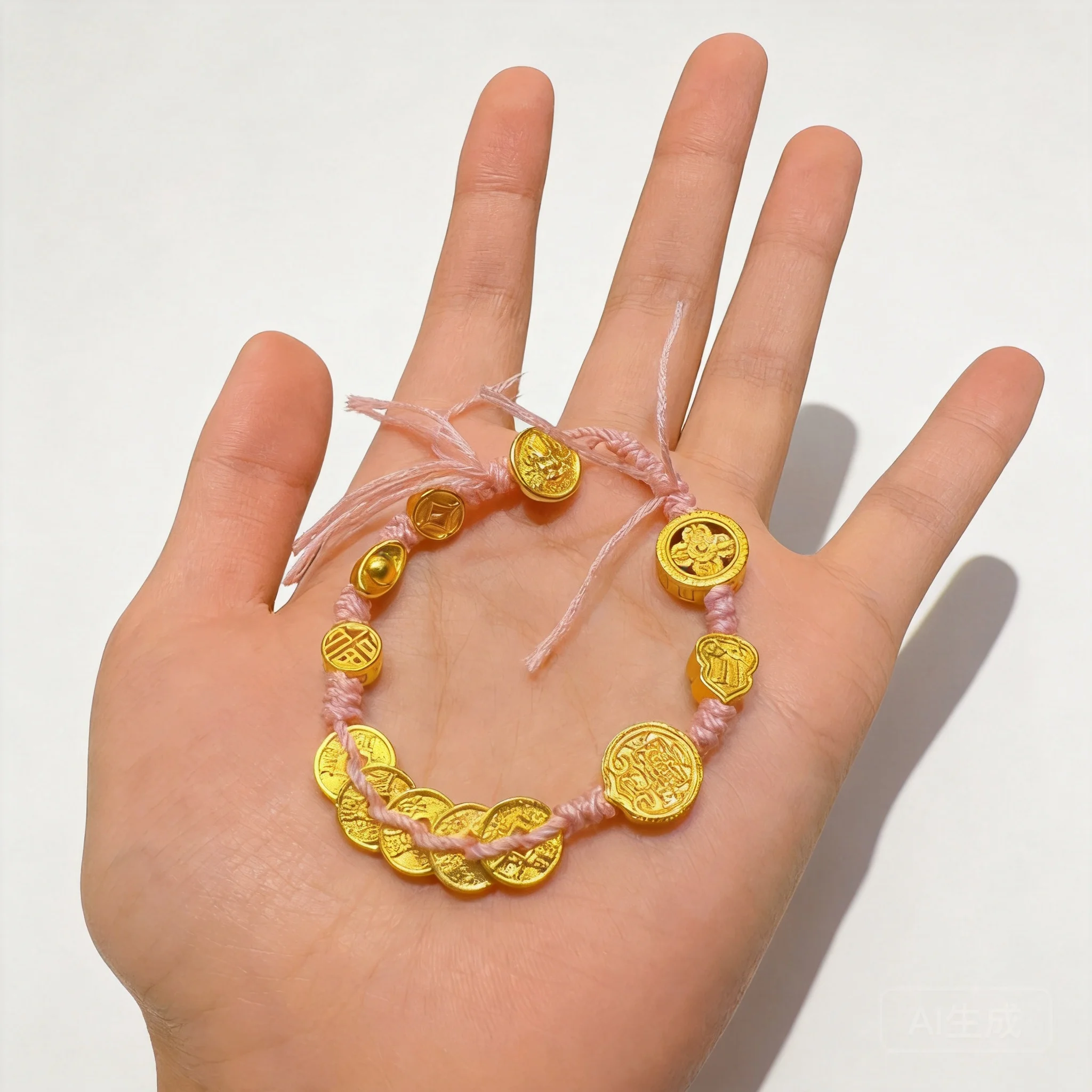 24k Gold Plated Chinese Style Lucky Blessing Five Emperor Coins Ingot Pink Braided Cord Adjustable Handmade Bracelet For Women