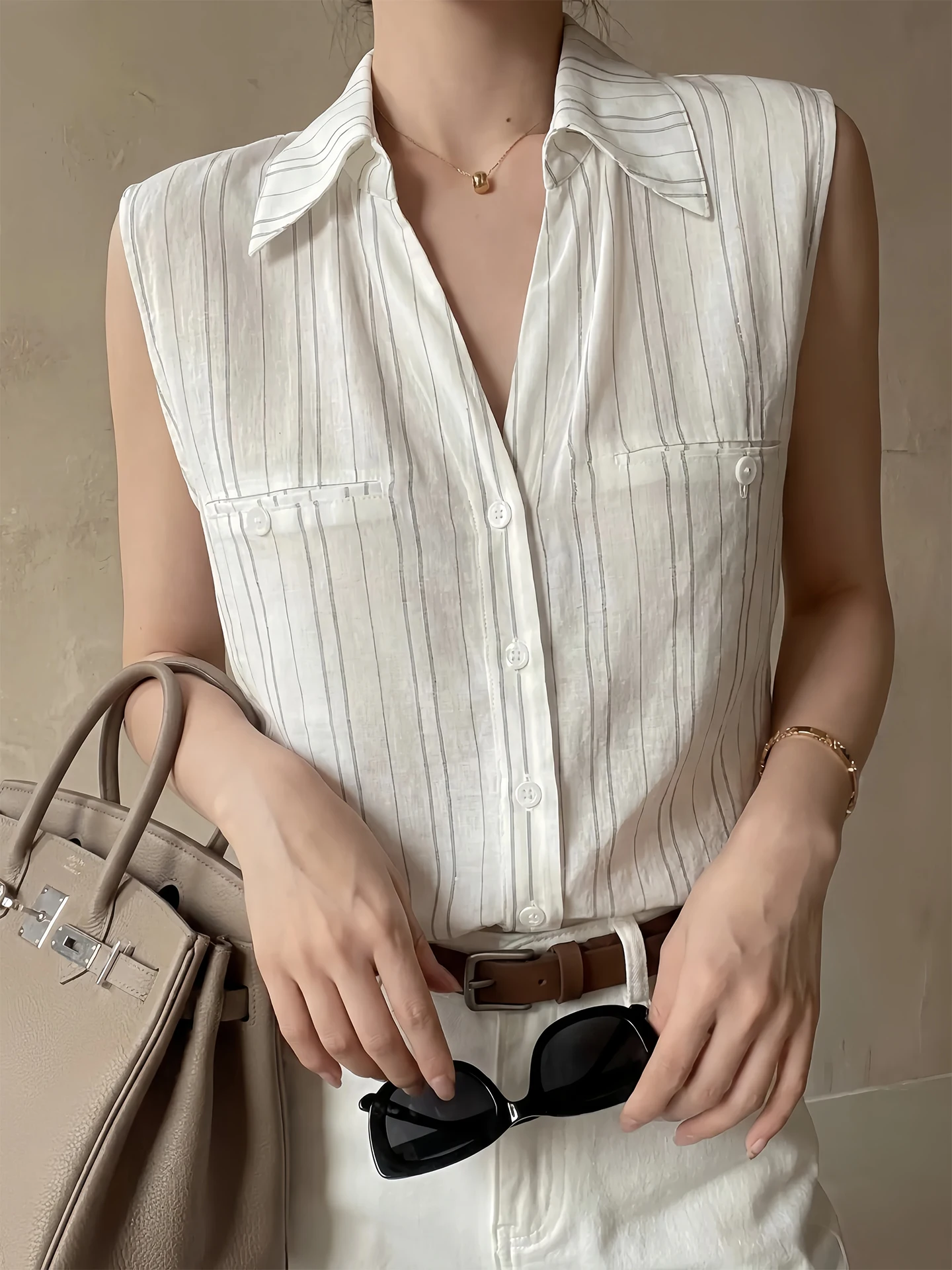 

French Style Loose Fit Casual Cotton Linen Sleeveless Shirt Thin Breathable Summer Top for Women Girl Student Daily Wear