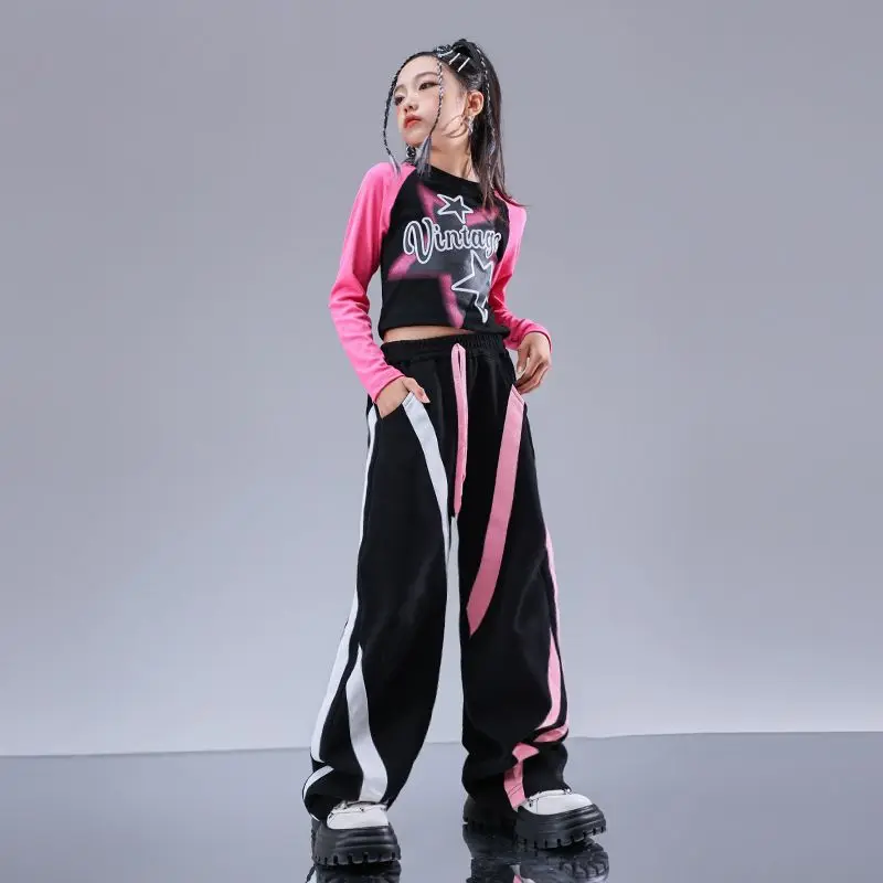 Boys Hip Hop Fashion Sweatshirt Contrast Loose Pants Girls Crop Top Streetwear Child Street Dance Clothes Sets Kids Jazz Costume