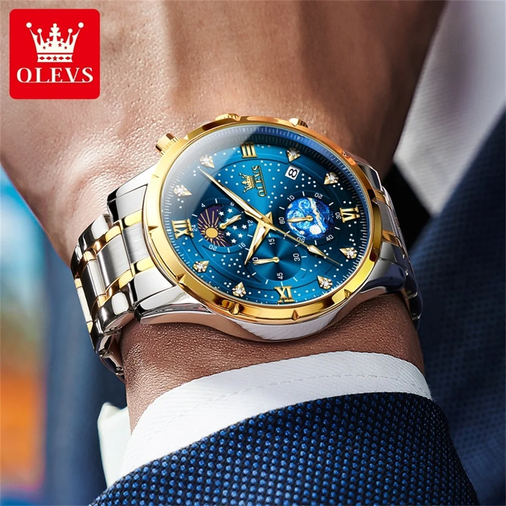 OLVES Moon Phase Men watch Stainless Steel Waterpoof Luminous Luxury Business Chronograph Quartz Wrist Watch for Men