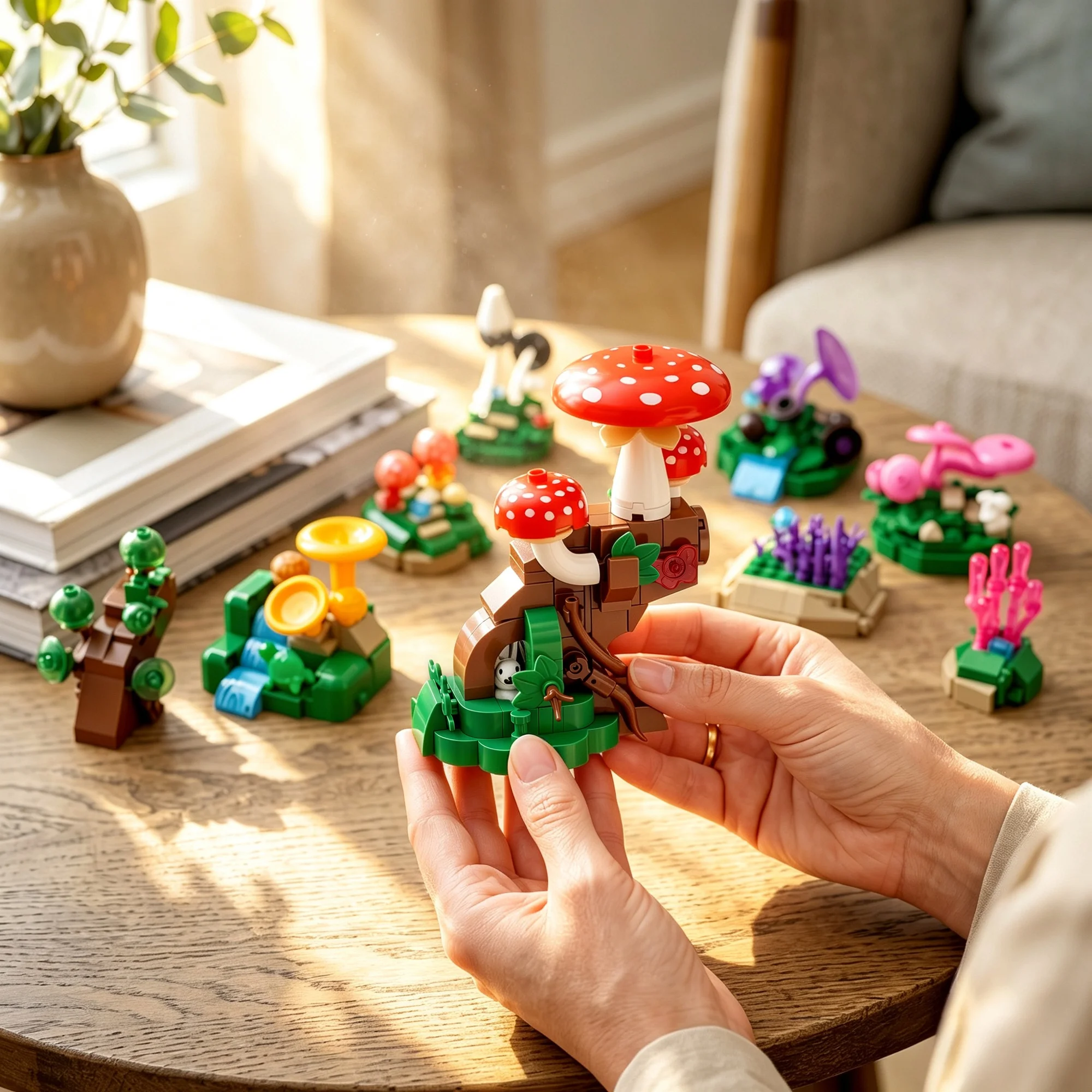 982pcs 12 in 1 Plant Mushroom Set Building Blocks Botanical Nature Model Desktop Ornament Home Decor Collectible Gift for Adults
