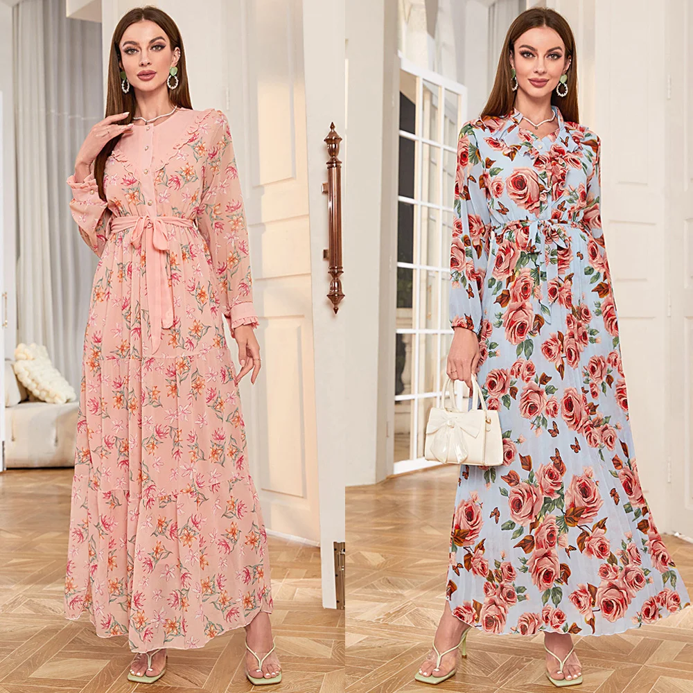 

2024 Floral Print Kaftan Women Muslim Long Sleeve Maxi Dress Summer Chiffon Abaya Dubai Turkey Party Gown Islamic Clothing Robe