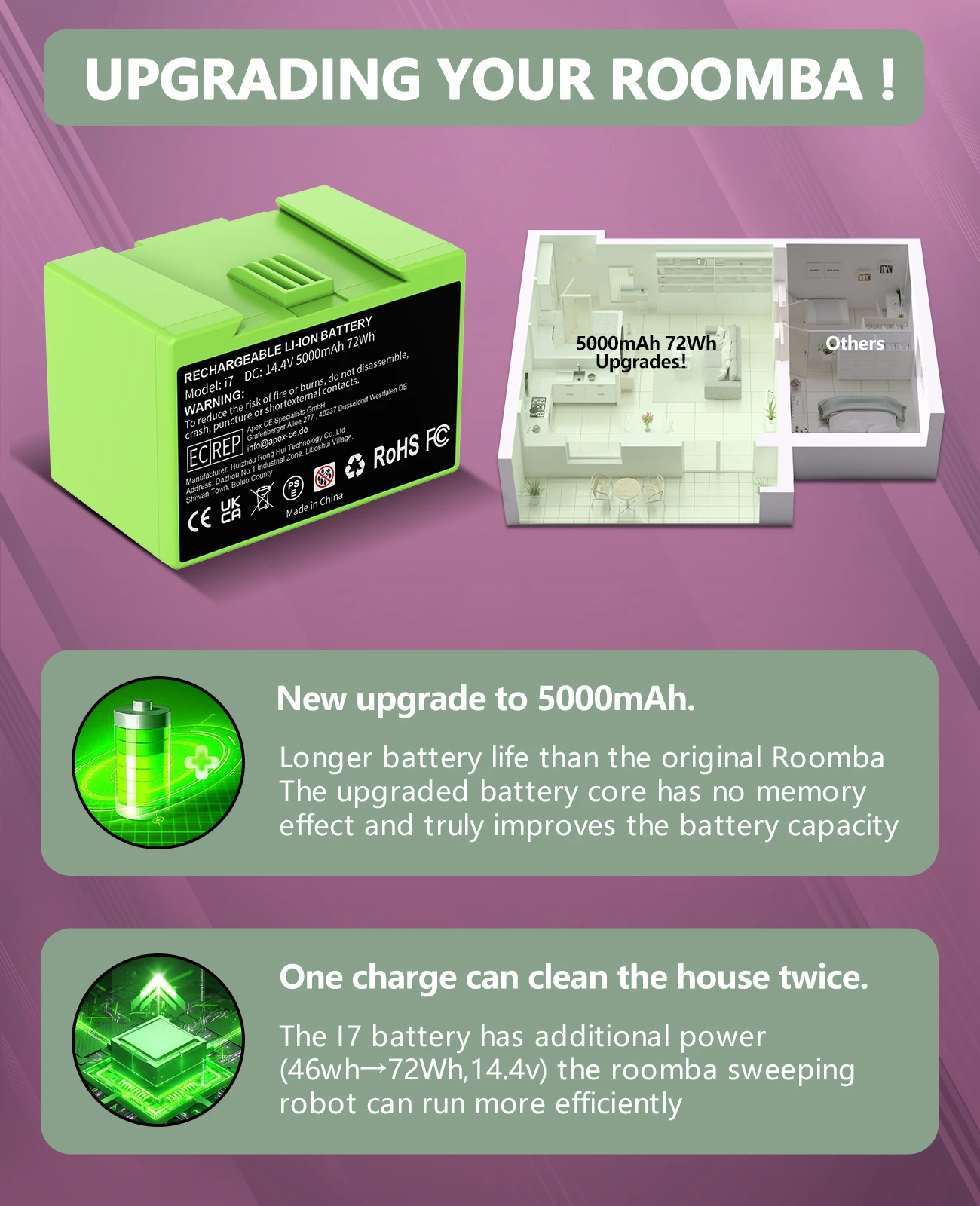 14.4V 5000mAh Replacement Battery for iRobot Roomba e and i Series i7+ e5 7150 7550 i3 3150 i3+ 3550 i4 4150 i4+ 4624864