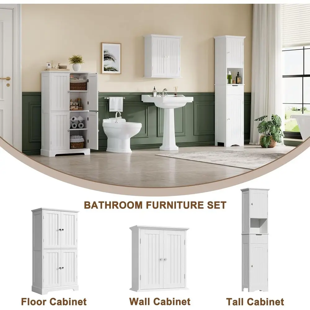 خزانة أرضية حمام بيضاء حديثة قائمة بذاتها مع 4 أبواب وأرفف قابلة للتعديل للتخزين في غرفة المعيشة