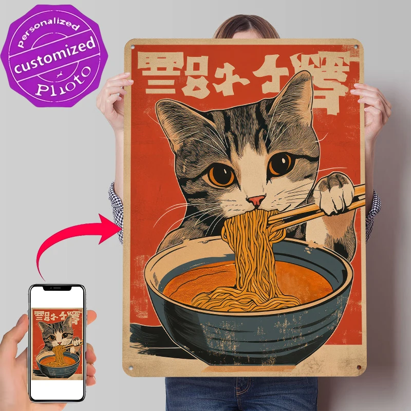 Cat Eating Ramen Metal Poster Customized Wall Art Retro Vintage Metal Signs for Man Cave Decoration Living Room Accessories Home
