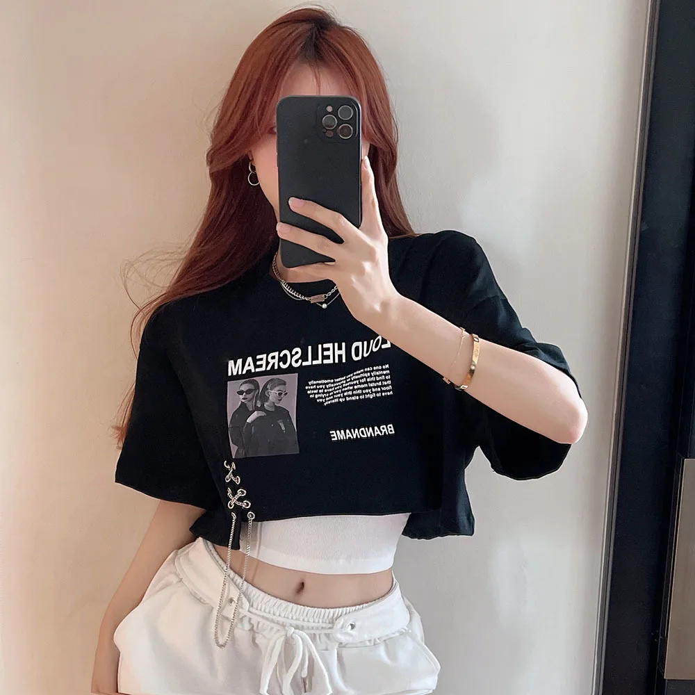 Summer New Letter Print T-shirt Women\'s Loose Open Navel Short Sleeve Hot Girls Crop Top Street Chic Female Chain Retro Tees Y2k