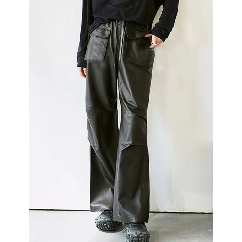 Genuine Leather Pants Spring Autumn Fashion Ladies Sheepskin Straight Trousers Slim Temperament Black Cargo Pants Calça Feminina