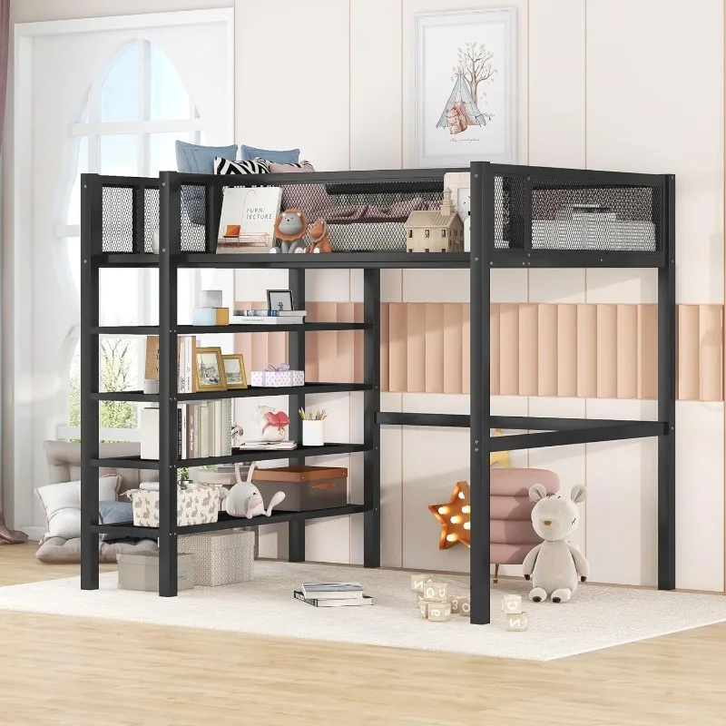 

Twin Size Loft Bed Storage, Metal Loft Beds Frame with 4-Tier Shelves for Kids Boys Girls Teens, Black