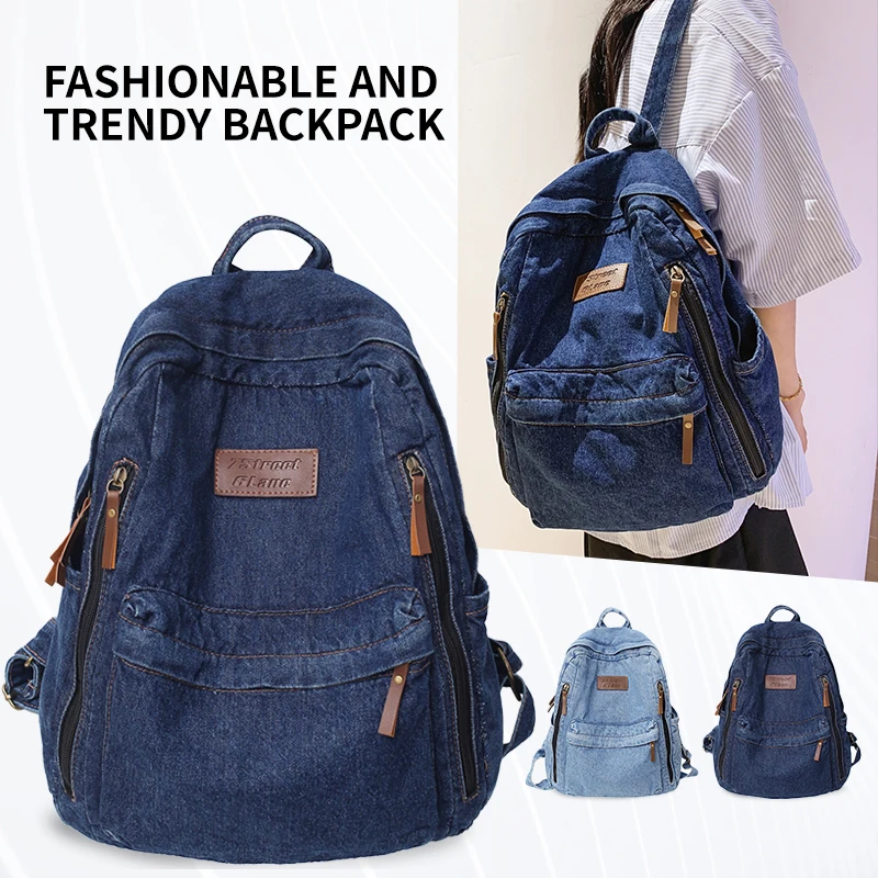 حقيبة ظهر مدرسية عصرية للطلاب من الدنيم حقيبة ظهر متعددة الجيوب بسعة كبيرة حقيبة ظهر للطالبات