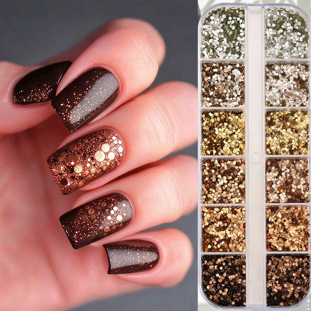 12 Grids Nail Glitter Sequins Mixed Round&Pentagram Gold Bronze Metallic Flakes For Autumn Winter DIY Manicure Nail Decorations