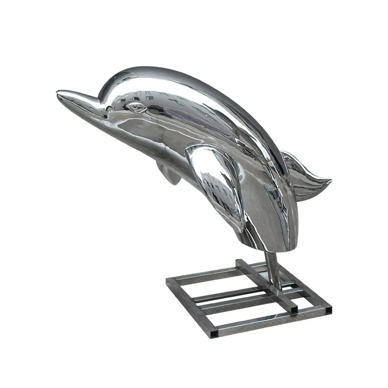 

Hotel door landscape decoration ornaments, large creative mirror whale sculpture, stainless steel dolphin water sculpture
