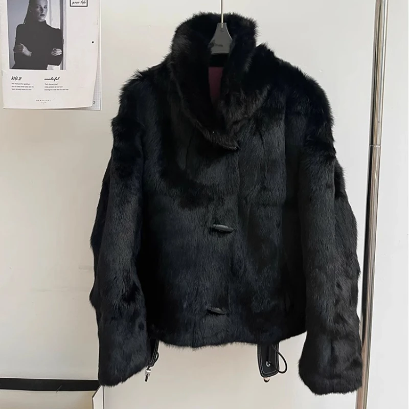 2025 New Women Winter Jacket Parka Thick Warm Natrual Real Rabbit Fur Liner Wear On Both Sides Fashion Fur Female Short Coats