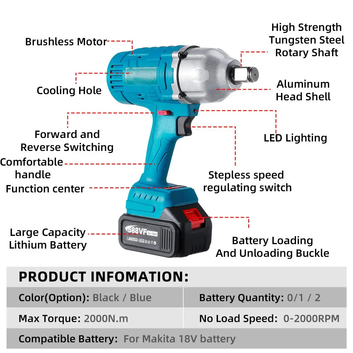 Imagem -02 - Drillpro Brushless Chave de Impacto Elétrica Chave de Fenda sem Fio Ferramentas Elétricas para Bateria 18v 2000n.m Pol Pol