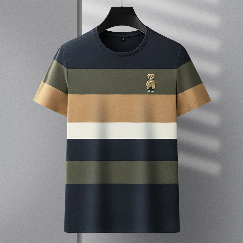 Exquisite cartoon bear embroidery men\'s striped short sleeved T-shirt summer pure cotton fashionable breathable casual T-shirt