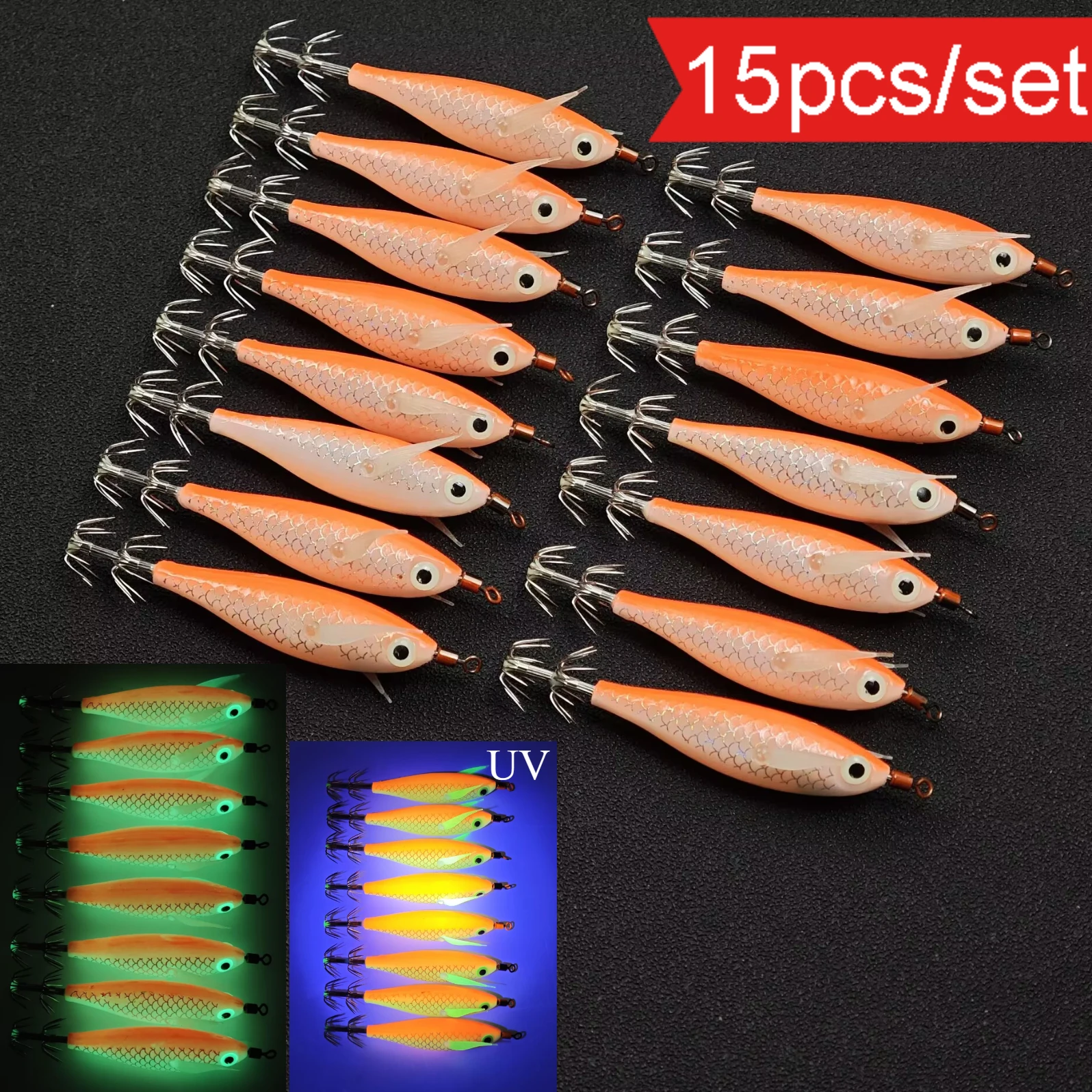 15pcs Squid Jig Sea Octopus Cuttlefish Fishing Lure Tackle Horizontal Shrimp Squid Jig 8cm UV Luminous Realistic Lure