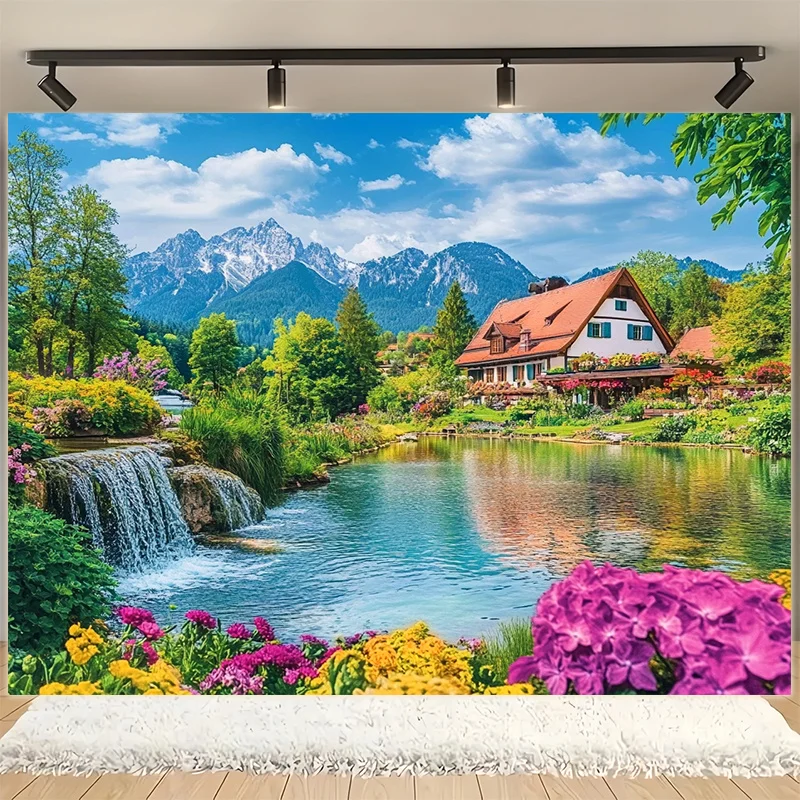 Mountain Cottage Tapestry Alpine Lake Scenery Wall Hanging Peaceful Nature Decor for Living Room Bedroom Zen Garden Inspired
