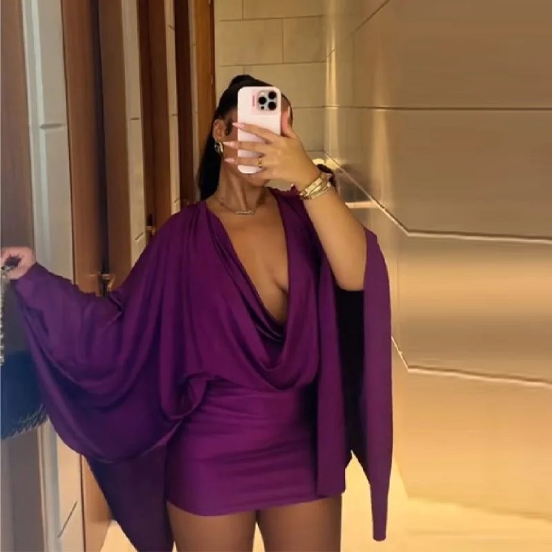 Vrouwen Elegante Sexy V-hals Jurken Retro Solid Spliced Flare Mouw Prom Dress Chic Midnight Club Party Mini Gewaad Nieuwe Trendy Gown