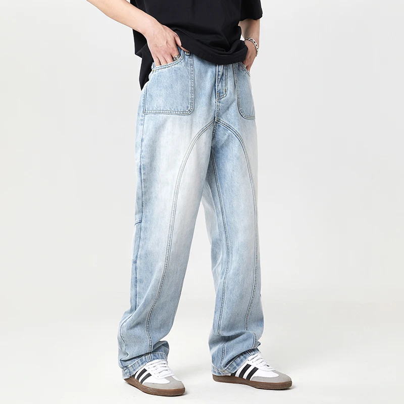 Jeans solto alto masculino, de perna reta, calça de perna larga, retalho retrô, estilo coreano, moda estendida