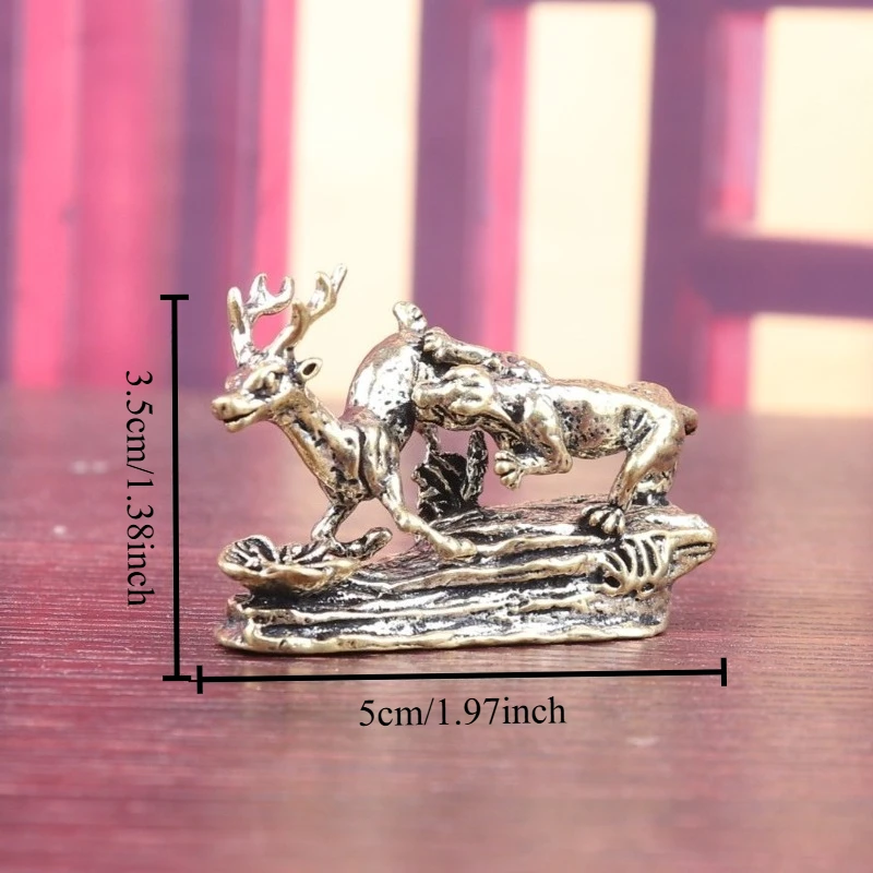 Brass Leopard Hunting Deer Figurine Vintage Wildlife Animal Statue Desktop Ornament Tea Pet Collectible Craft Gift