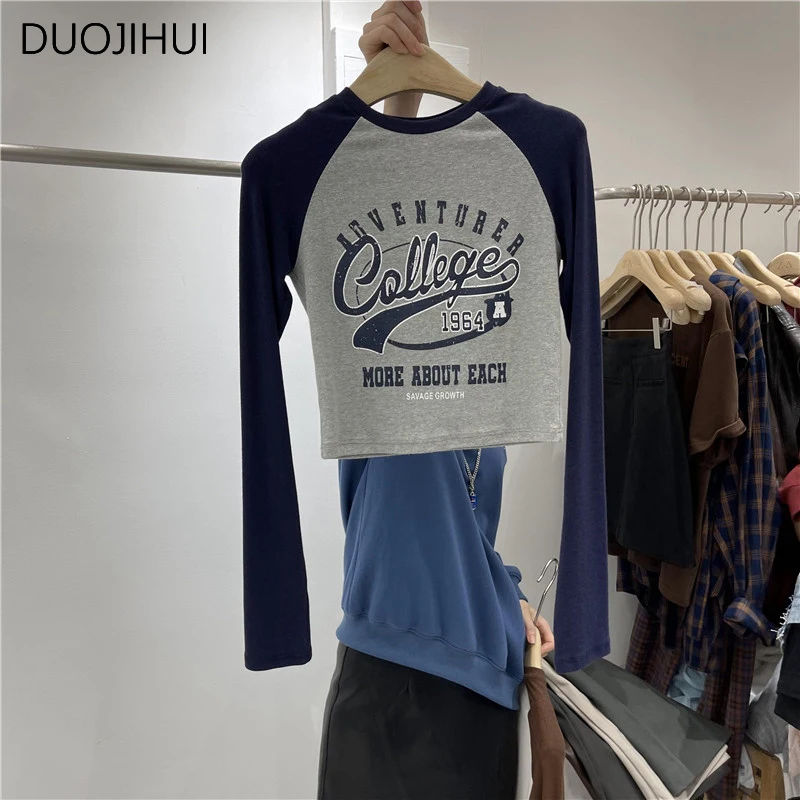 DUOJIHUI Spring Chic Letter Printing Simple Slim Female T-shirts Basic Long Sleeve Contrast Color Fashion Casual Women T-shirts