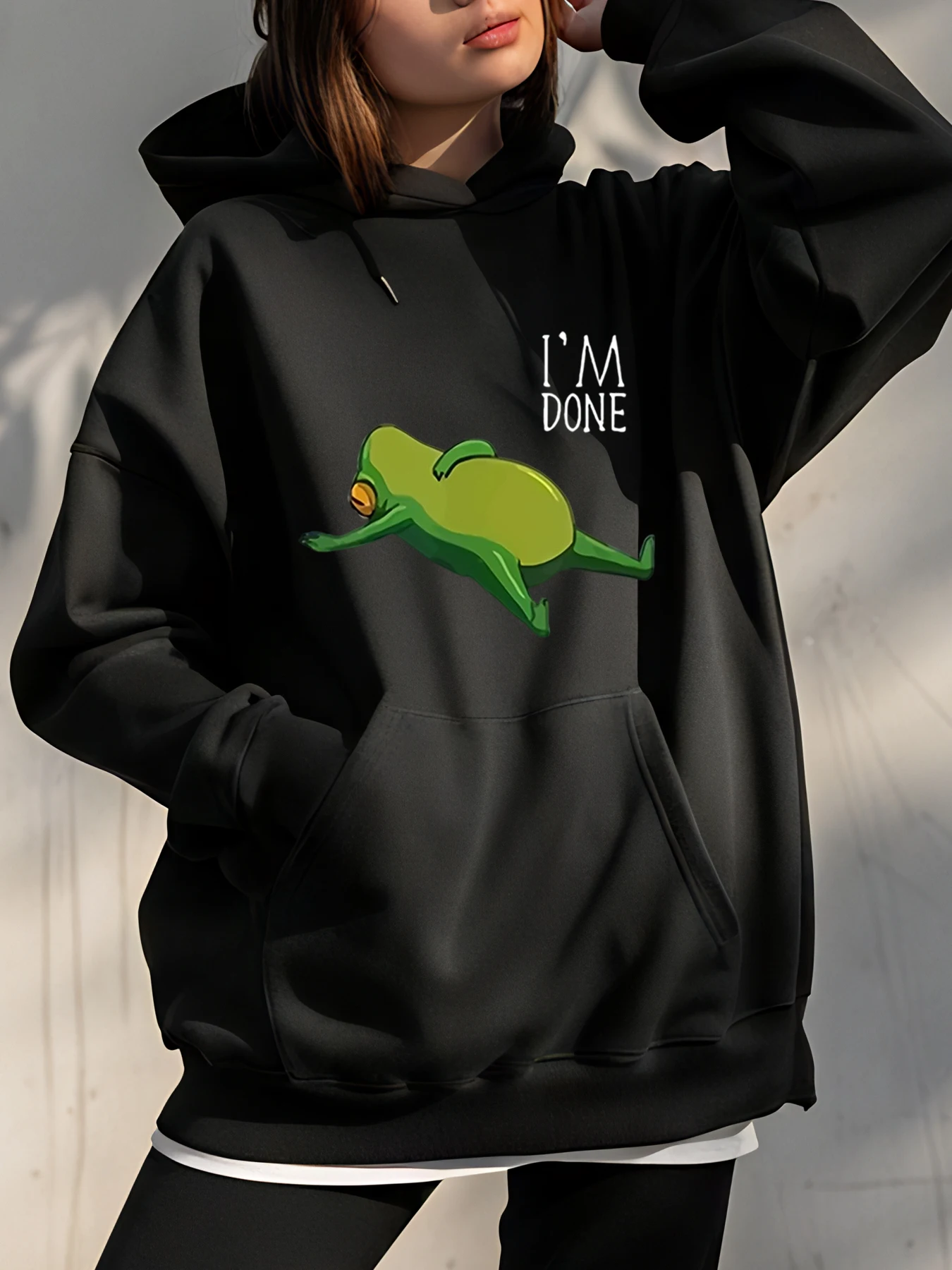 

Толстовка с капюшоном I'm Done Frog Print Повседневная толстовка Женская уличная одежда Модный наряд для повседневной носки