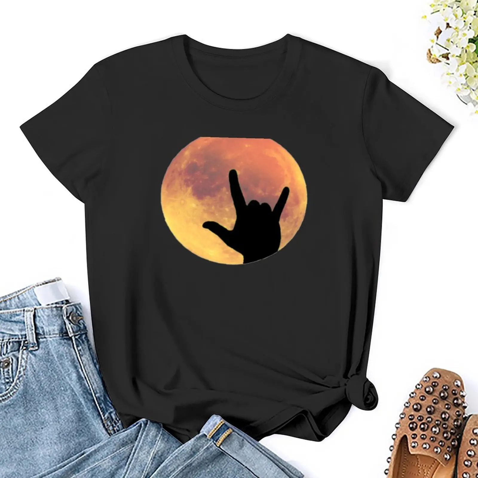 Mulheres Full Moon Silhueta T-Shirt, Camisetas Pretas, Eu te amo ASL Língua Gestual, Silhueta de Mãos, Customs Animal Print Gráficos, Gráficos