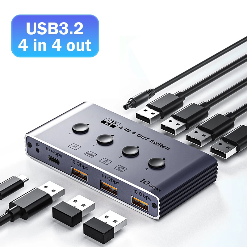 USB3.2 Sharing Switch 4 in 4 out 10Gbps USB3.2 Gen2 Switcher Selector Share 4 USB Devices Support Keyboard Mouse Printer Scanner