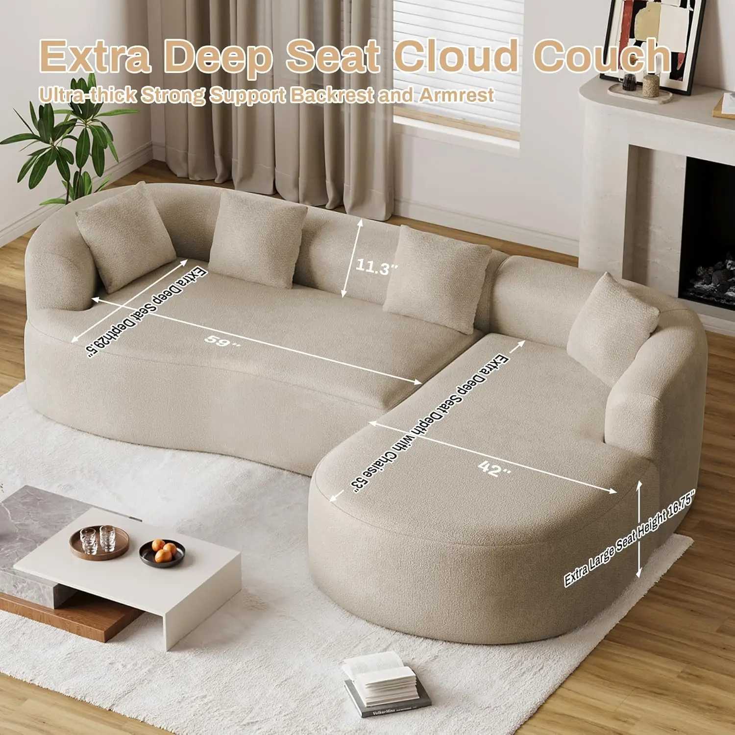 Luxury Minimalist Curved Back Chenille Sofa 111 Inch 4 Seater Modular Comfy Couch Modern Living Room Furniture