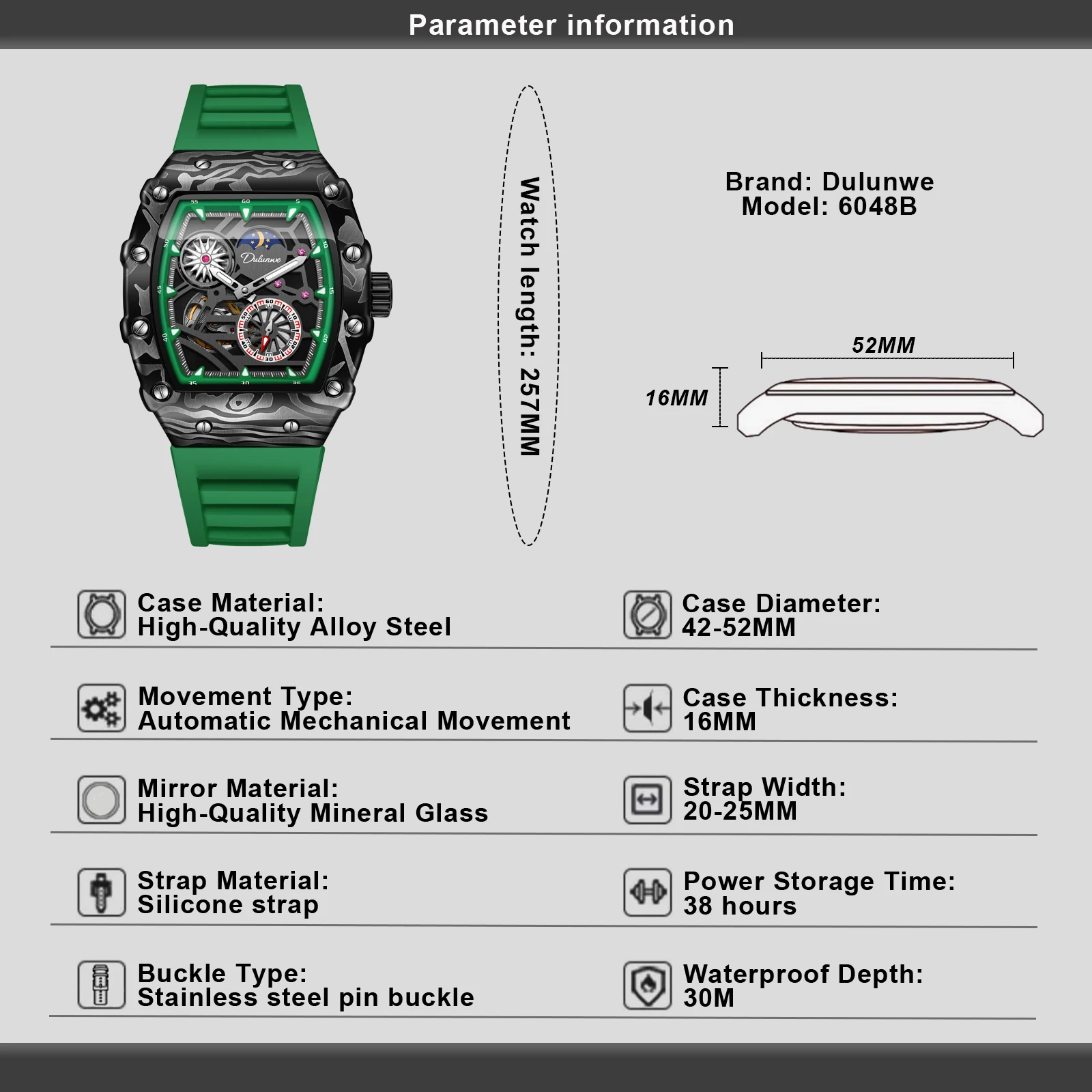2025 New DULUNWE Barrel Shape Skeleton Dial Men Mechanical Watch Top Brand  Automatic Watch 30M Waterproof Watch Men