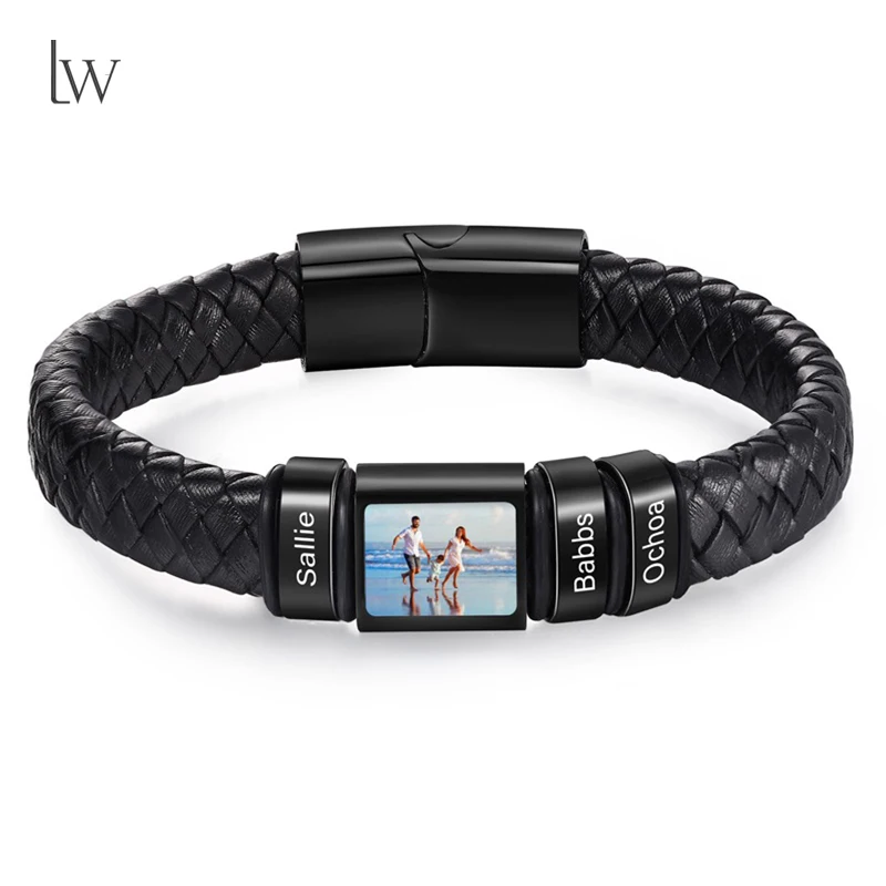 Personalized Photo Bracelet for Men Custom Picture Bracelet Leather Engraved Name Bracelet Jewelry Gift for Men Father's Day