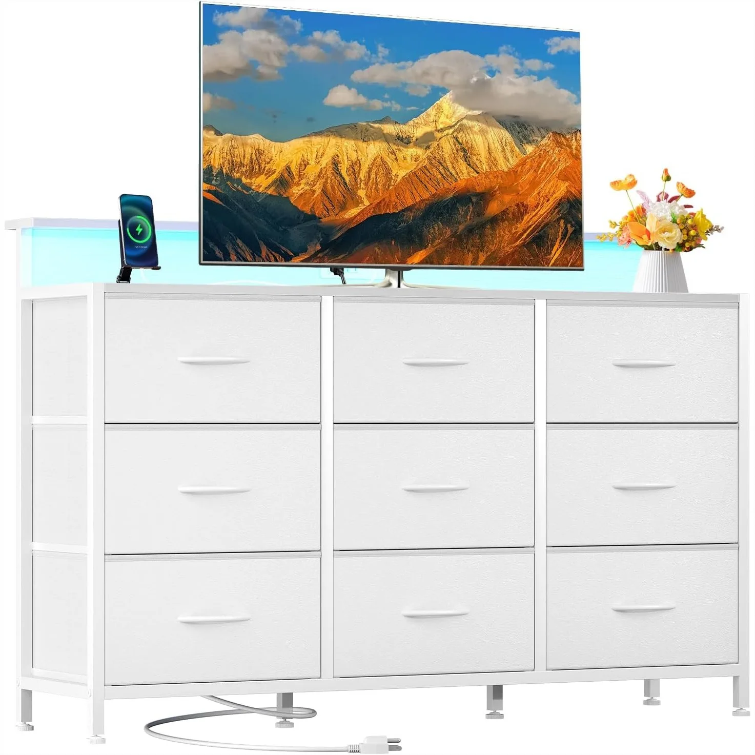 

TV Stand with 9 Fabric Drawers and Open Shelves, Entertainment Center with LED Lights, Charging Station for 45-55 inch TV, Wood