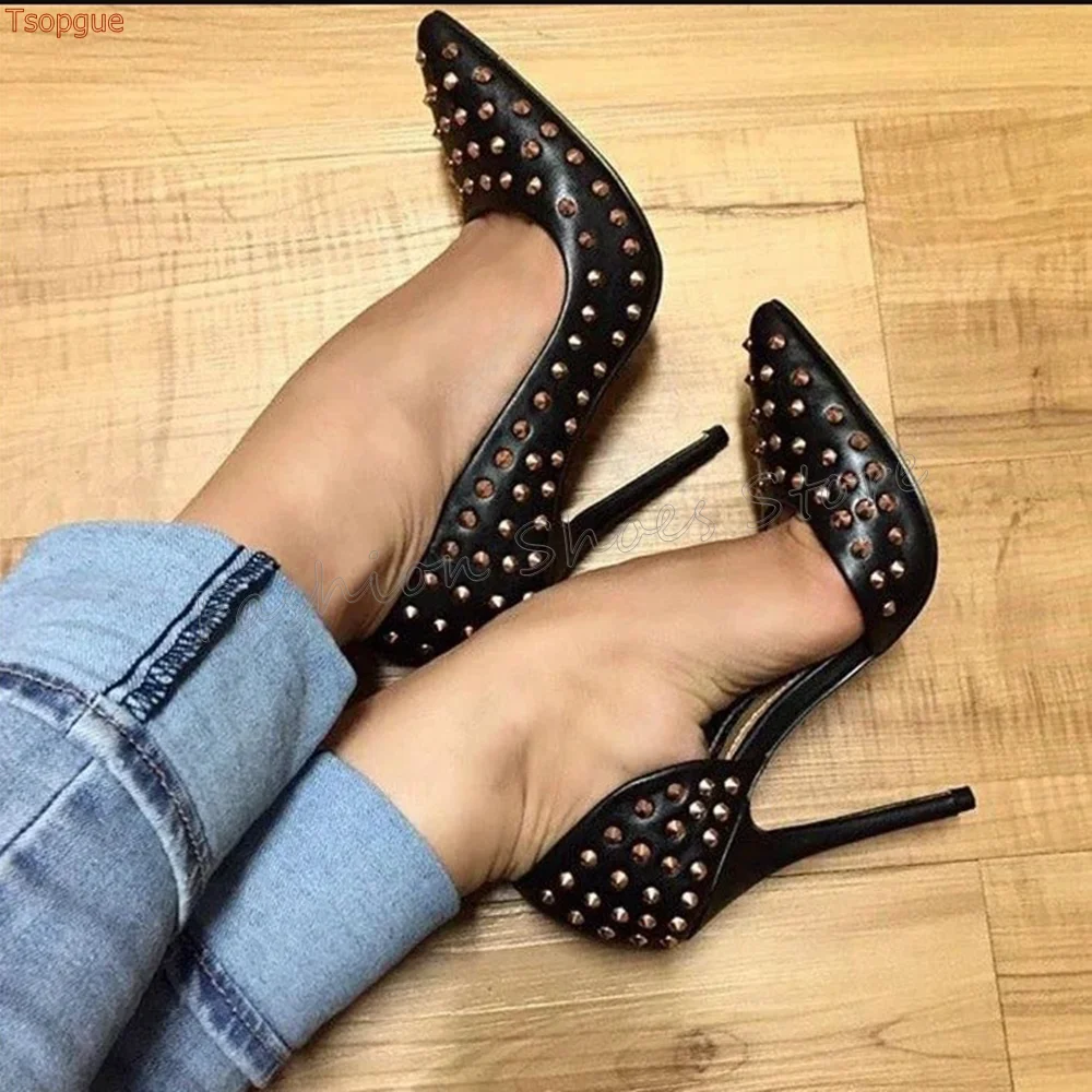 

Black Rivet Decor Pointed Toe Pumps Matte Leather Thin High Heels High Heel Shoes for Women Heels 2025 New Zapatos Para Mujere