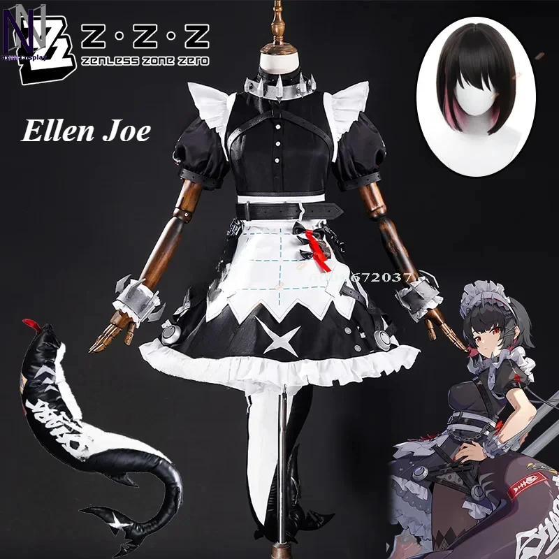 Zenless Zone Zero GameEllen Joe Cosplay Wig Maid Dress Uniform Tail Victoria Housekeeping New Eridu Halloween Party Women Outfit